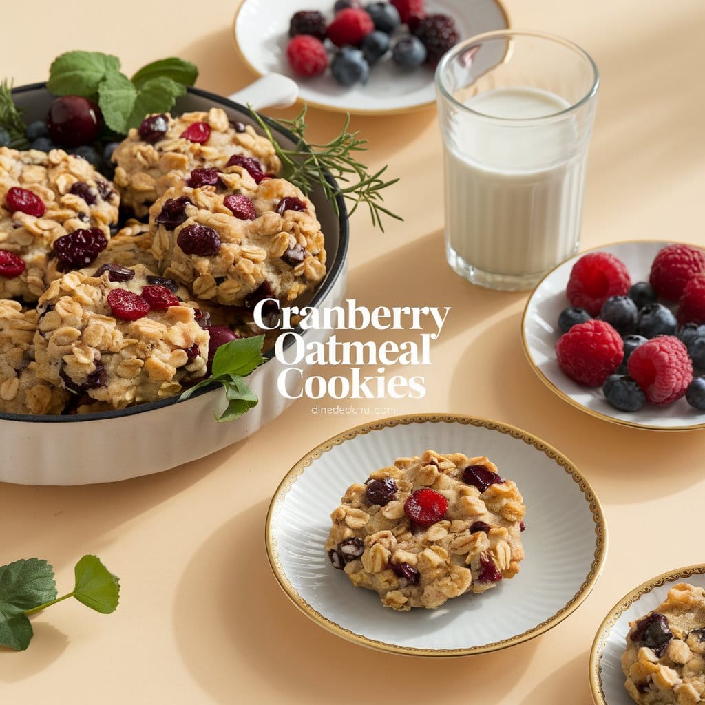 "A dish of cranberry oatmeal cookies with a few cookies on a plate, garnished with fresh herbs. Accompanied by a glass of milk and fresh berries on the side. The scene is bright, warm, and inviting, with 'Cranberry Oatmeal Cookies' in bold text and 'dinedecisions.com' subtly displayed below."