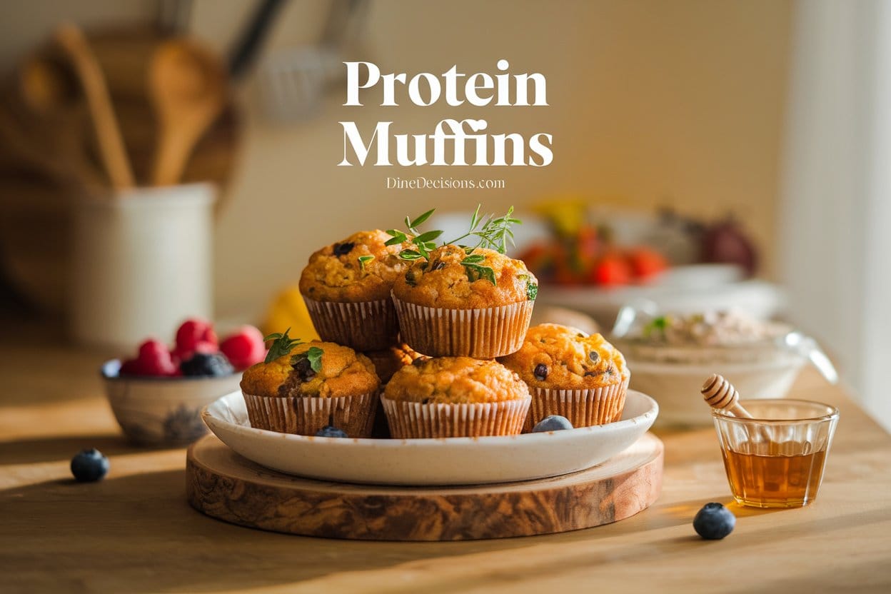 A dish of golden-brown protein muffins with a slightly crispy exterior, topped with fresh herbs, placed on a wooden board. The muffins are accompanied by a bowl of fresh berries and a small pot of honey. The warm and inviting kitchen background includes cooking utensils, with bright, warm lighting. The title 'protein muffins' is written in bold text at the center, and 'dinedecisions.com' appears in a clean, subtle font at the bottom.