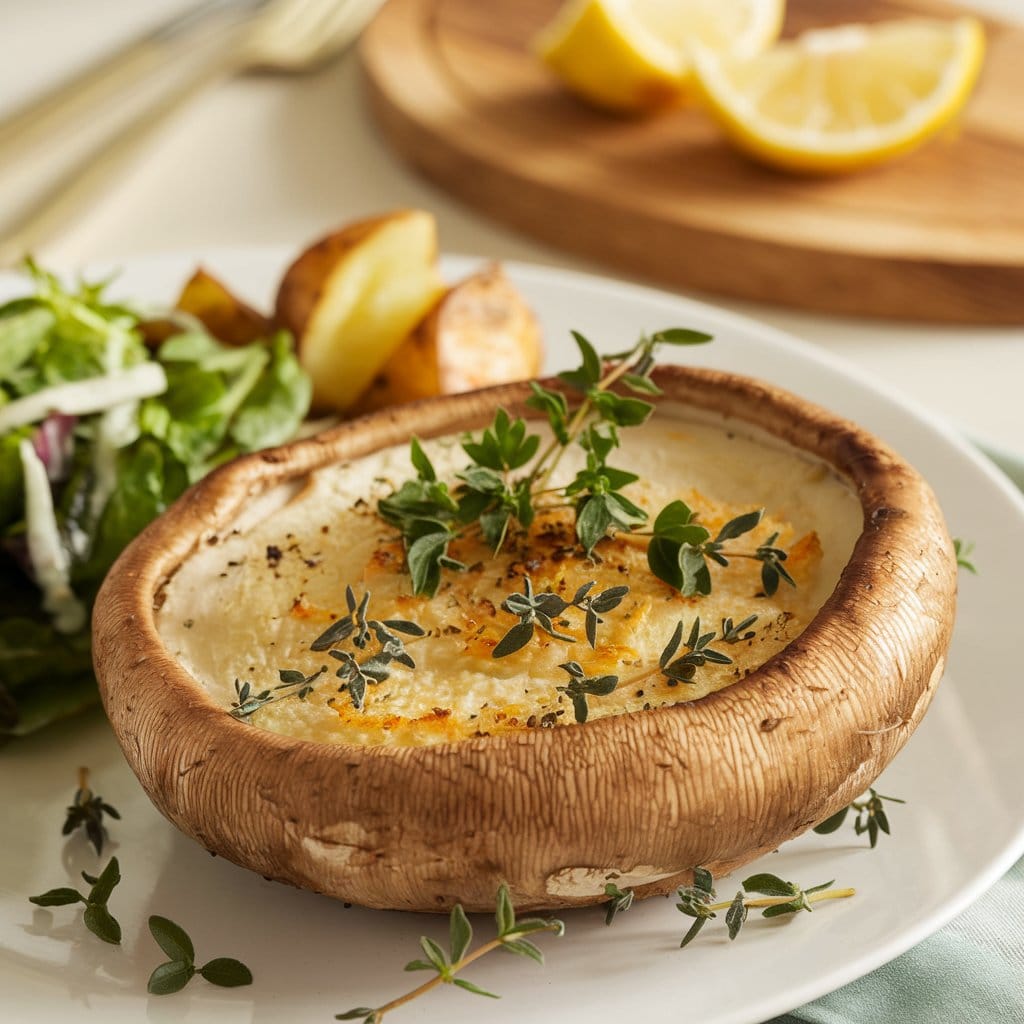 Golden, crispy King Mushroom dish with a creamy interior, garnished with parsley and thyme. Served with roasted potatoes, a green salad with vinaigrette, and slices of lemon on a wooden board, creating a bright and inviting scene