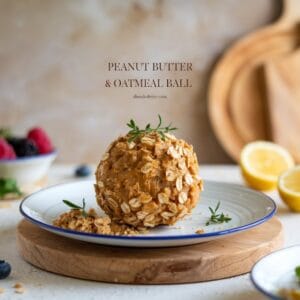 "A golden brown peanut butter and oatmeal ball on a white plate, garnished with fresh herbs. The ball has crumbled edges, with crumbs scattered on the plate. Set on a wooden board in a rustic kitchen with sides like fresh berries and lemon slices. Bright and inviting."