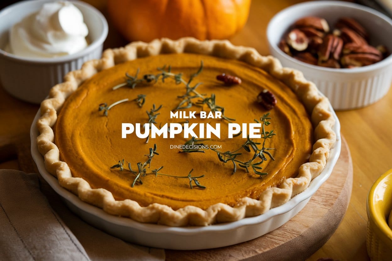 A photo of a Milk Bar Pumpkin Pie, cooked to perfection and garnished with fresh herbs, placed on a wooden board. Simple sides of whipped cream and roasted pecans accompany the pie. The background is warm and inviting, with the title "Milk Bar Pumpkin Pie" in bold text at the center and the footer reading "dinedecisions.com".