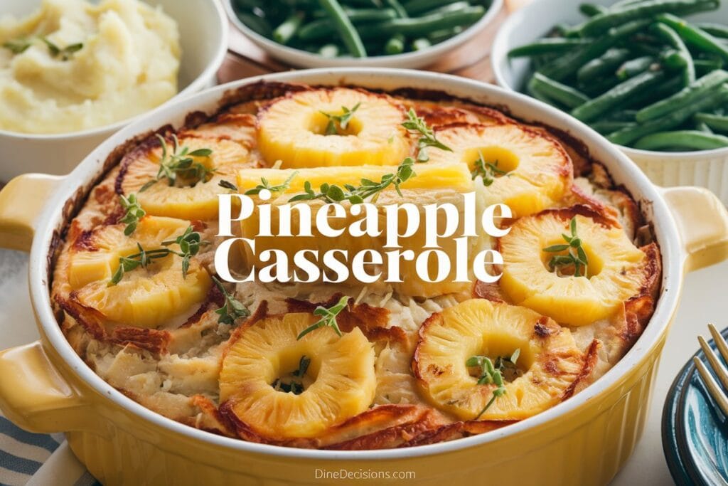 A bright, warm pineapple casserole dish, perfectly cooked and garnished with fresh herbs, placed on a wooden board. The dish is surrounded by simple sides of cooked carrots and green beans, with a rustic table and white cloth in the background. The title 'pineapple casserole' is displayed in bold text at the center, and 'dinedecisions.com' is written in a subtle font at the bottom.