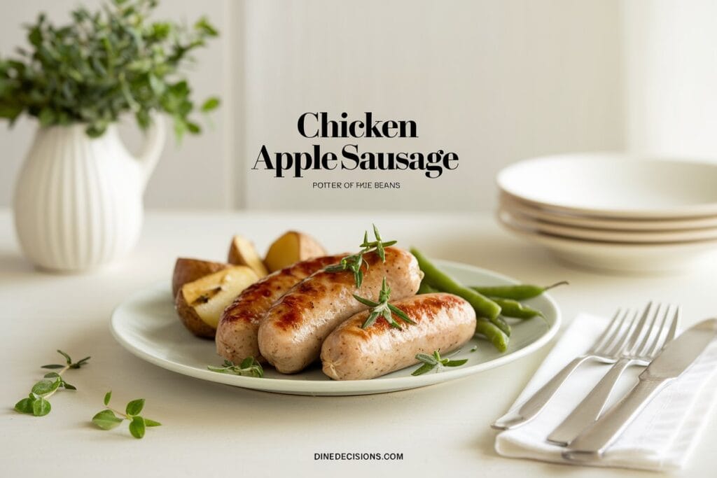 A delicious plate of Chicken Apple Sausage, perfectly cooked and garnished with fresh herbs, served with roasted potatoes and steamed green beans. The image has a clean, minimalistic background, with the title 'Chicken Apple Sausage' in bold text and the footer 'dinedecisions.com'