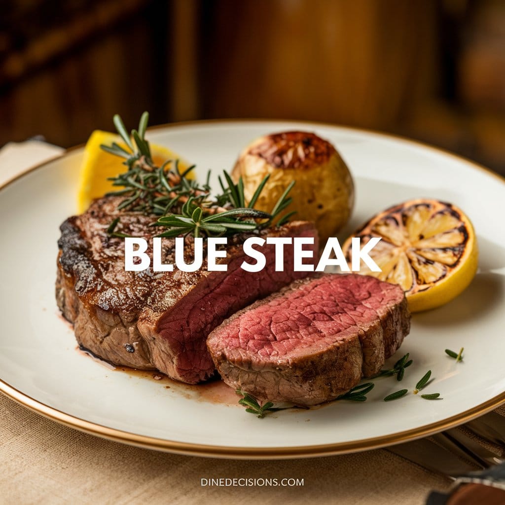 A photo of a plate with a perfectly cooked blue steak. The steak is medium-rare, with a pink center and a crusty exterior. It is garnished with fresh herbs like rosemary and thyme. The plate is accompanied by simple, classic sides: a roasted potato and a grilled lemon. The background is warm and inviting, with a rustic setting. The text "Blue Steak" is boldly placed at the center of the image. At the bottom, the text "dinedecisions.com" is subtly placed.