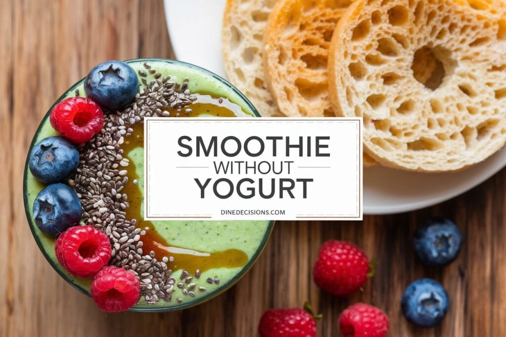 A vibrant green smoothie topped with fresh berries, honey drizzle, and chia seeds, alongside toasted bagel slices. The background features a wooden surface. The title "Smoothie Without Yogurt" is in bold text at the center, with the footer "dinedecisions.com" at the bottom.