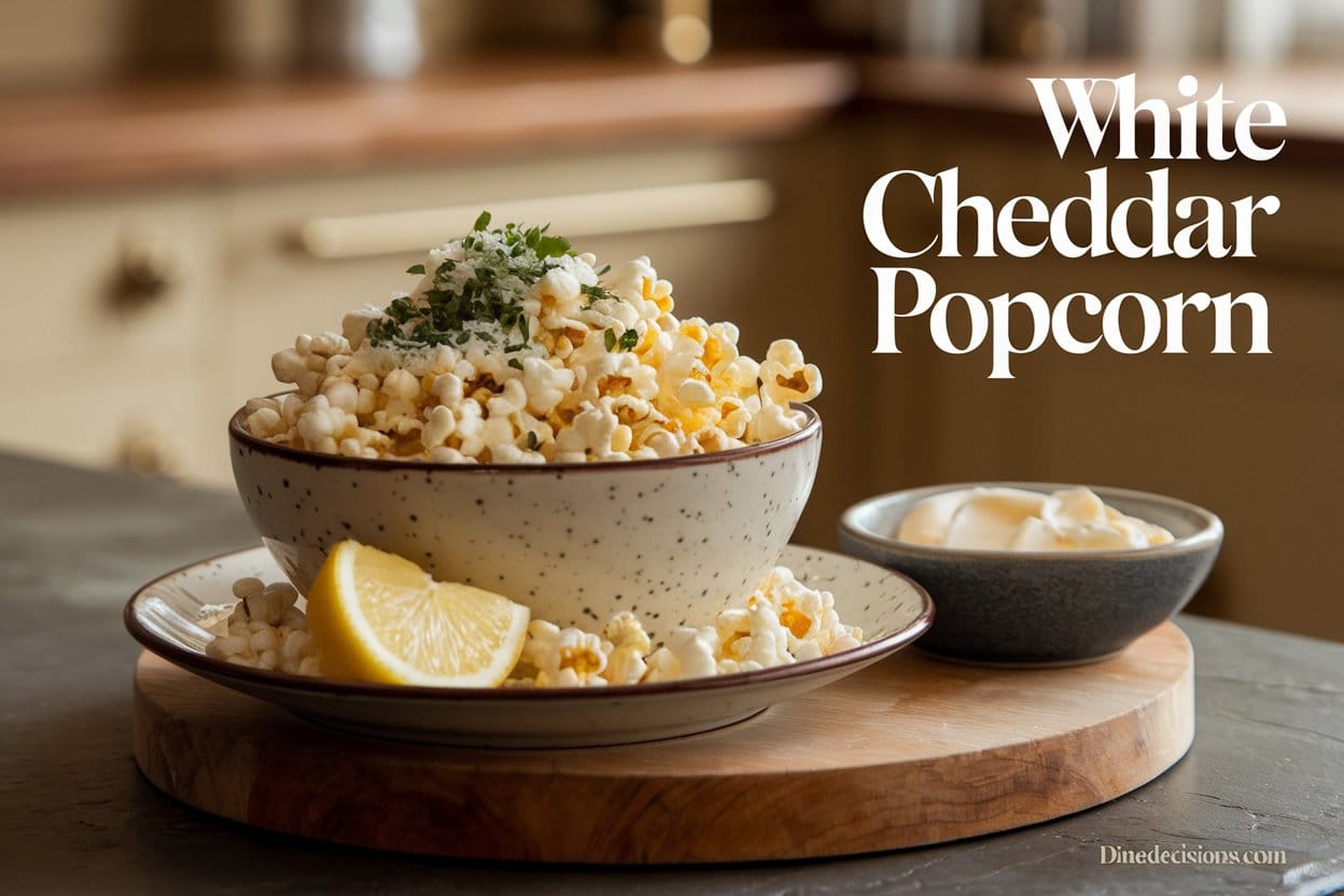 A bowl of popcorn topped with grated white cheddar cheese and fresh herbs, placed on a plate atop a wooden board. A lemon wedge and a dish of melted white cheddar sit beside the board. The warm, inviting kitchen background features beige walls and a wooden countertop. The title "White Cheddar Popcorn" is prominently displayed in bold text at the center, with the footer reading "dinedecisions.com."