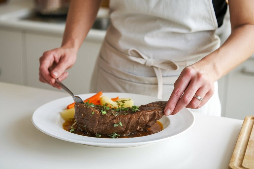 "A warm and inviting image of a woman in a white uniform and hairnet serving a perfectly cooked beef tendon dish, garnished with fresh herbs. The table, set with a white tablecloth, also features a bowl of rice, a bowl of vegetables, and a few utensils."