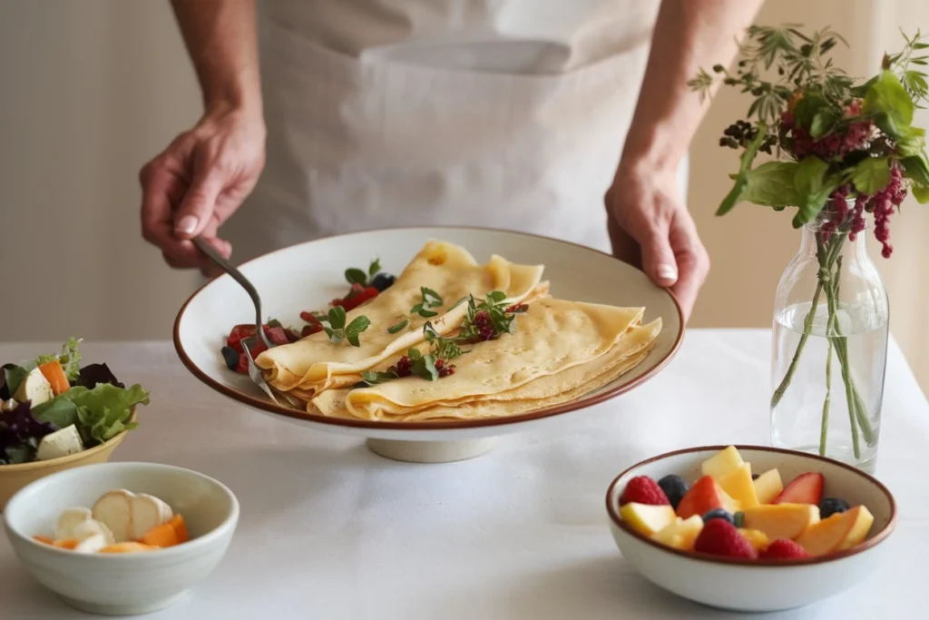 A bright and warm image of a woman serving a plate of Alton Brown crepes, perfectly cooked and filled with a sweet chocolate and butter mixture, garnished with fresh raspberries and powdered sugar. The plate includes a side of grilled asparagus spears, set against a clean white background.