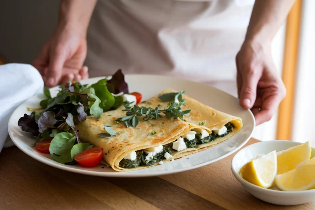 A bright and warm image of a woman serving a plate of Alton Brown crepes, perfectly cooked and filled with a sweet chocolate and butter mixture, garnished with fresh raspberries and powdered sugar. The plate includes a side of grilled asparagus spears, set against a clean white background.