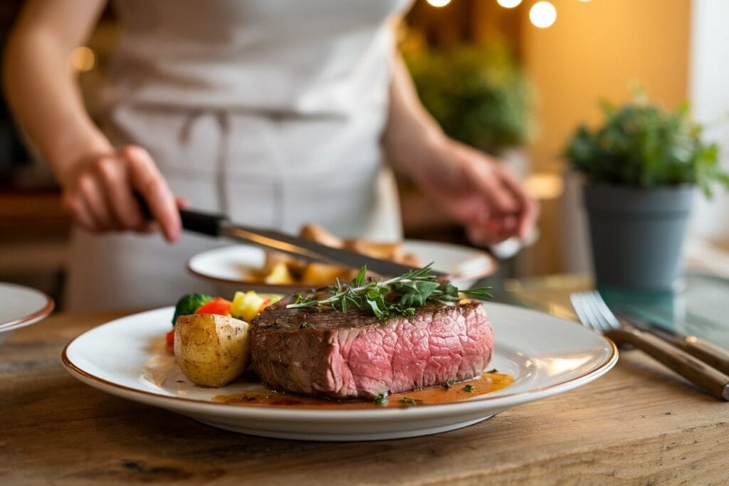 A woman serving a perfectly cooked Bavette steak, garnished with fresh herbs, on a white plate. The dish is accompanied by simple sides, including roasted potatoes and green beans. The background features a warm, inviting dining area with a wooden table and chairs.