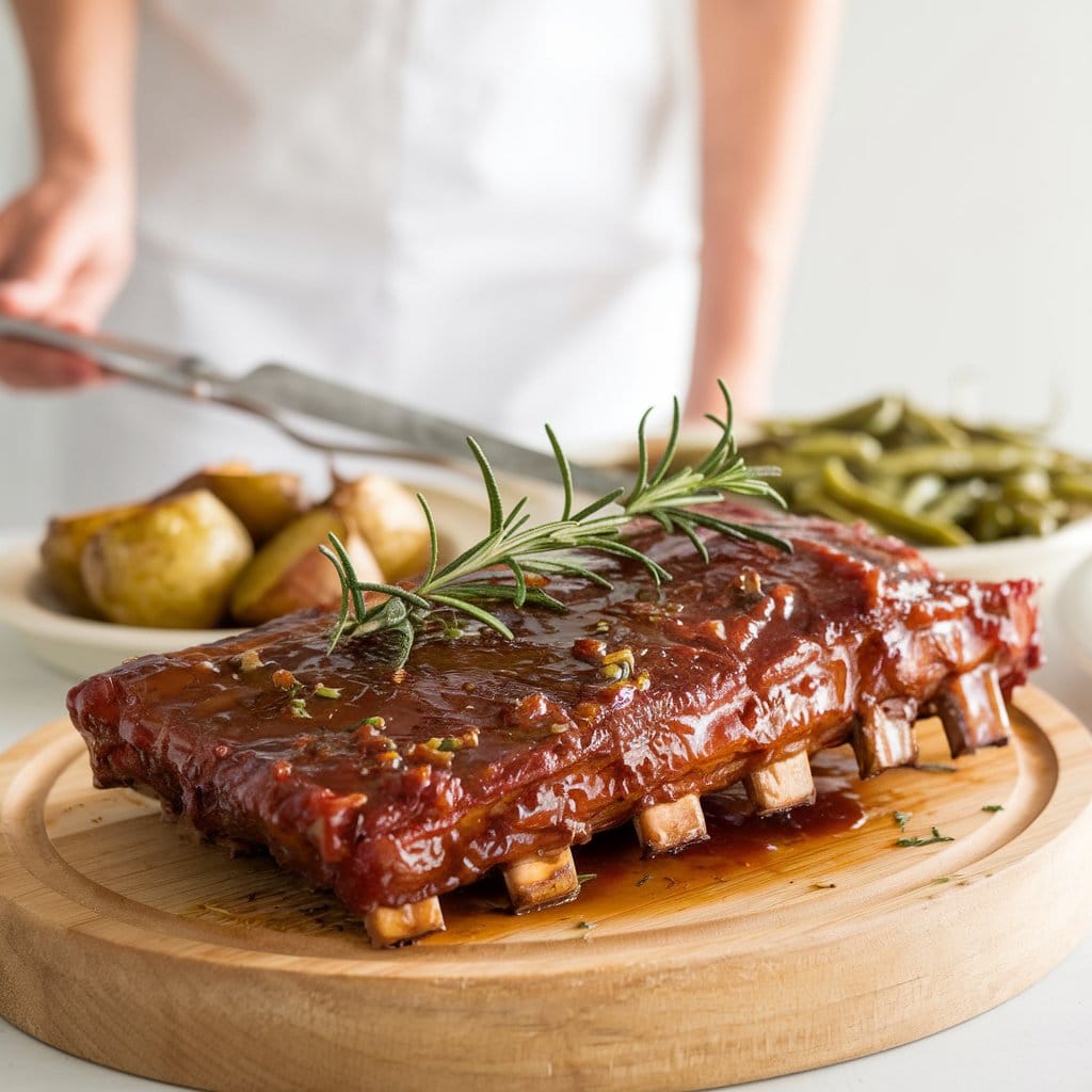 "A warm and inviting image of a woman serving a perfectly cooked dish of beef back ribs, tender and juicy, garnished with fresh rosemary and thyme. The dish is accompanied by roasted potatoes and grilled asparagus. The rustic kitchen background features a wooden table and cooking utensils, with bright, warm lighting creating a cozy atmosphere."