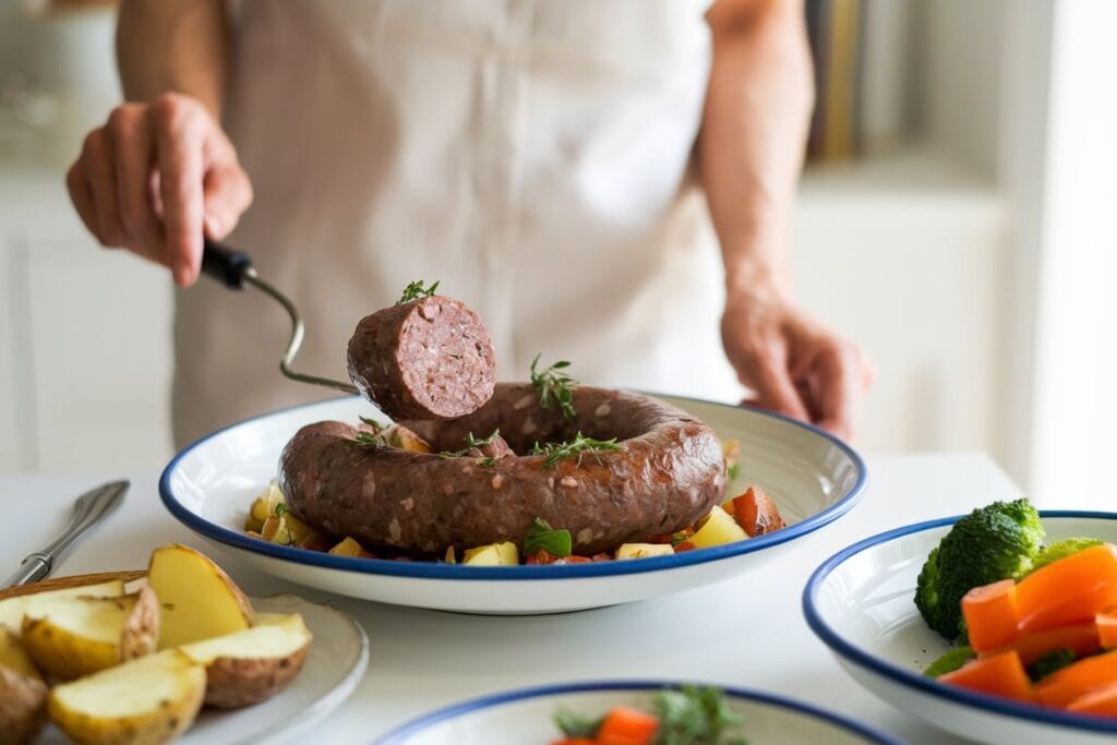 "A woman serving a perfectly cooked beef sausage dish, garnished with fresh herbs, atop a bed of sautéed onions and mushrooms. The plate is accompanied by a simple green salad with vinaigrette and a slice of crusty bread. The warm, inviting kitchen setting features a white tablecloth, enhancing the cozy atmosphere."