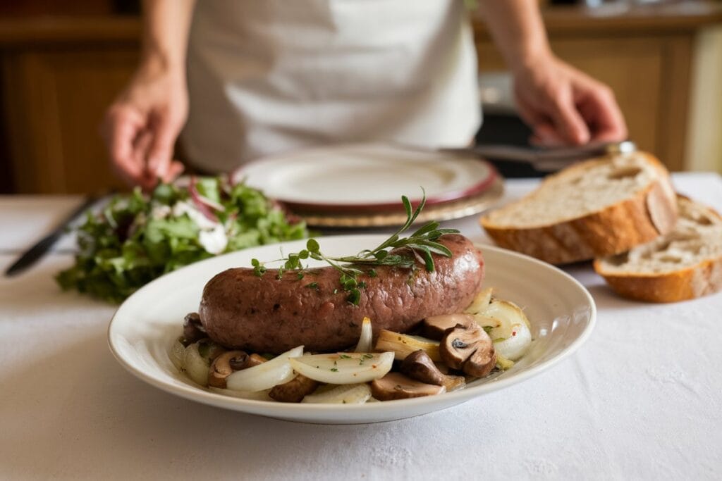 "A woman serving a perfectly cooked beef sausage dish, garnished with fresh herbs, atop a bed of sautéed onions and mushrooms. The plate is accompanied by a simple green salad with vinaigrette and a slice of crusty bread. The warm, inviting kitchen setting features a white tablecloth, enhancing the cozy atmosphere."