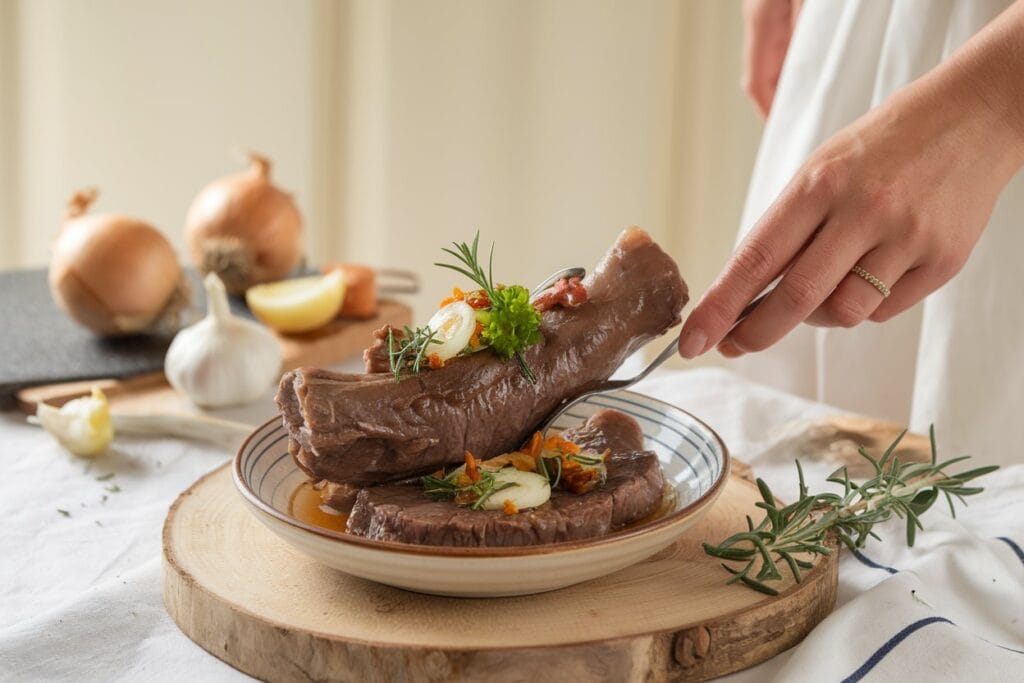 "A warm and inviting image of a woman in a white uniform and hairnet serving a perfectly cooked beef tendon dish, garnished with fresh herbs. The table, set with a white tablecloth, also features a bowl of rice, a bowl of vegetables, and a few utensils."