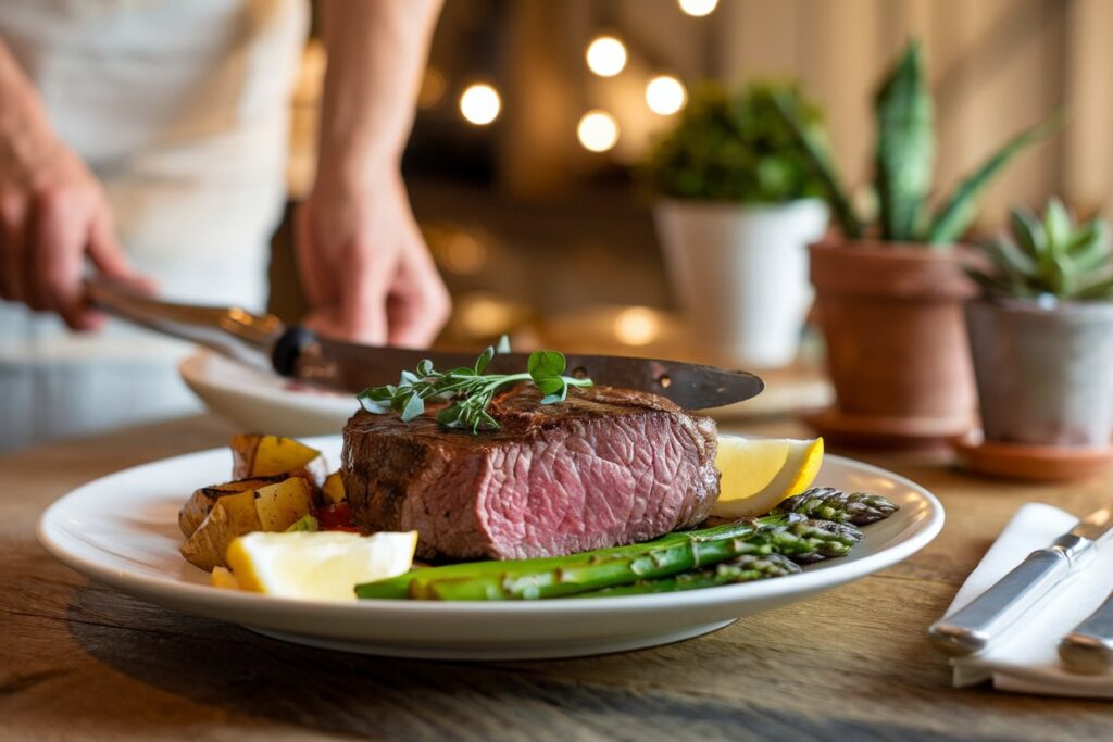 A bright, warm, and inviting image of a woman serving a dish of blue steak. The main dish is cooked to perfection and is garnished with fresh herbs and complementary ingredients. The simple and classic sides include a baked potato and a green salad. The background is a cozy kitchen with a wooden table and chairs.