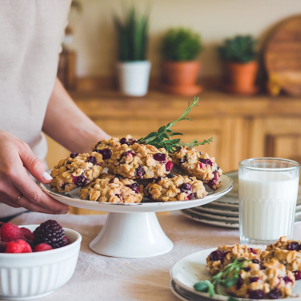 A bright, warm, and inviting image of a woman serving a dish of cranberry oatmeal cookies. The cookies are cooked toperfection and are garnished with fresh herbs. The woman is wearing an apron and has a warm smile. The background contains simple and classic sides, such as a bowl of fresh fruit and a jar of honey. The overall scene is set in a cozy kitchen with wooden elements and a few potted plants.