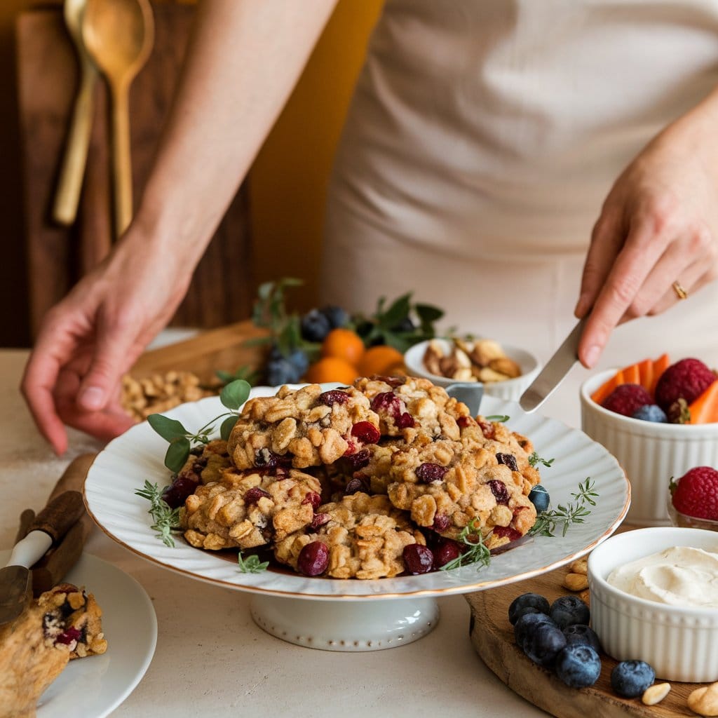 A bright, warm, and inviting image of a woman serving a dish of cranberry oatmeal cookies. The cookies are cooked toperfection and are garnished with fresh herbs. The woman is wearing an apron and has a warm smile. The background contains simple and classic sides, such as a bowl of fresh fruit and a jar of honey. The overall scene is set in a cozy kitchen with wooden elements and a few potted plants.