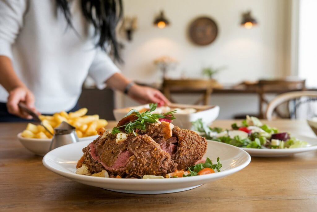 "A woman serving a perfectly cooked dish of Crispy Beef Milanesa, beautifully garnished with fresh herbs. The main dish is accompanied by classic sides, such as golden roasted potatoes and a fresh green salad. The scene is bright and inviting, with a warm ambiance that highlights the delicious meal."