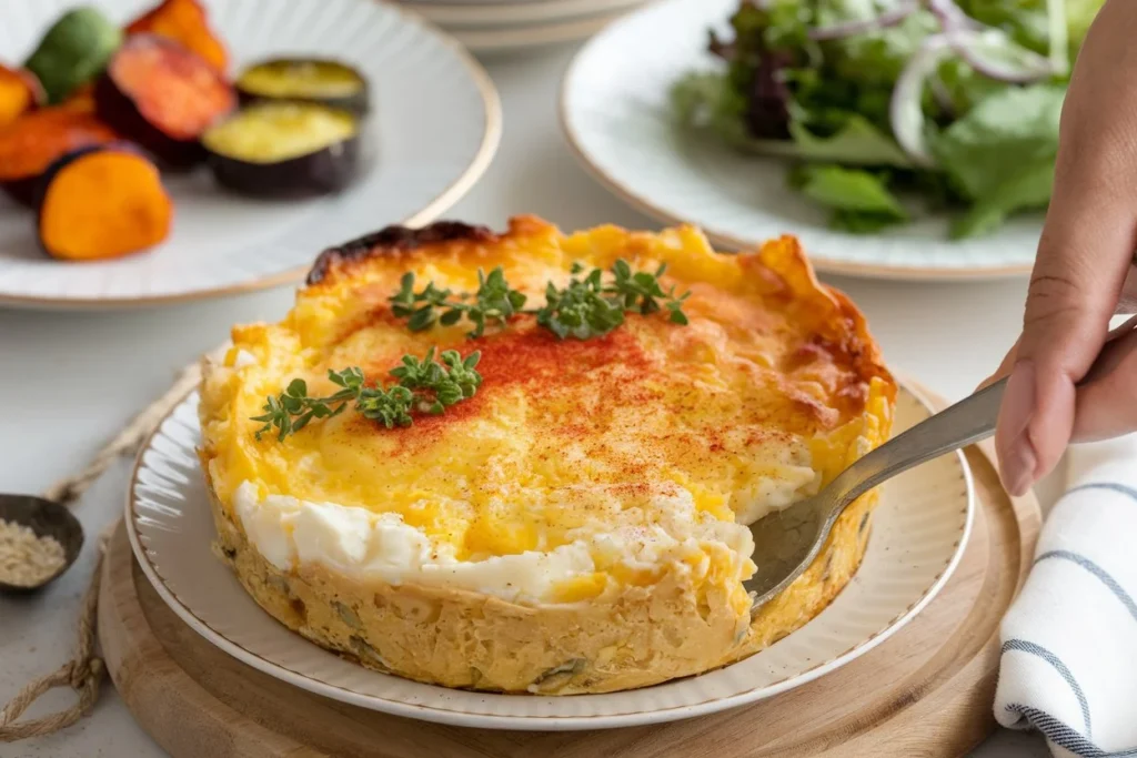 "Smiling woman in a white apron serving a golden egg casserole with cottage cheese, garnished with fresh herbs, on a beautifully set table."