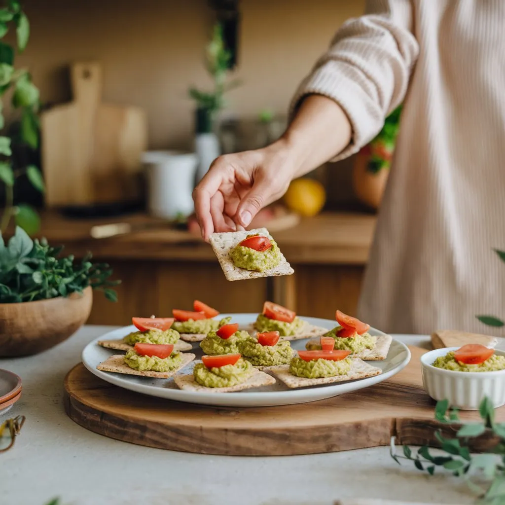 "An assortment of gluten-free snacks including crackers, fruit, nuts, and granola bars, arranged on a wooden table."
