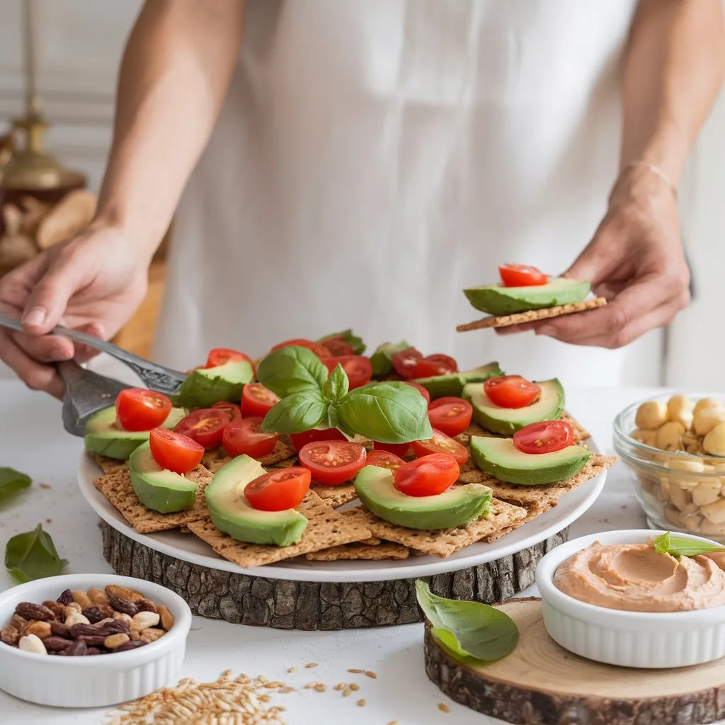 "An assortment of gluten-free snacks including crackers, fruit, nuts, and granola bars, arranged on a wooden table."
