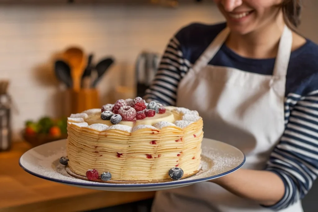 A woman in a white apron and black shirt serves a mille crepe cake, layered with thin pancakes and custard filling. The cake is garnished with fresh blueberries and powdered sugar. The warm kitchen background features a wooden table and beige cabinets.