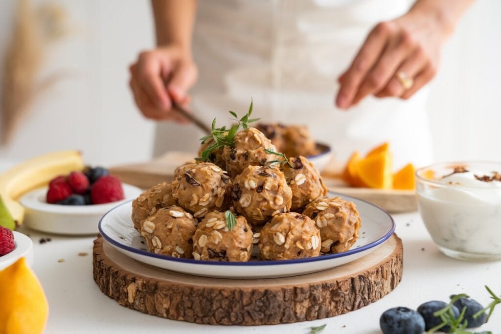 A woman serving a dish of peanut butter and oatmeal balls, garnished with fresh herbs. She wears an apron and has short, dark hair. The kitchen is bright, warm, and inviting with a wooden table, pots, and a window with a curtain.