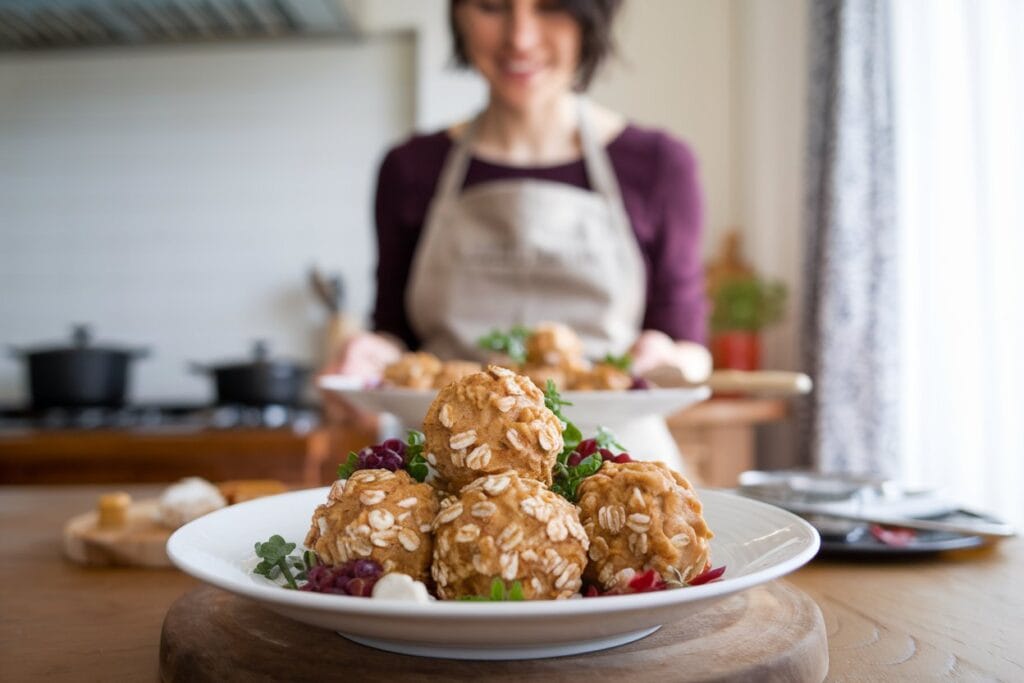 A woman serving a dish of peanut butter and oatmeal balls, garnished with fresh herbs. She wears an apron and has short, dark hair. The kitchen is bright, warm, and inviting with a wooden table, pots, and a window with a curtain.