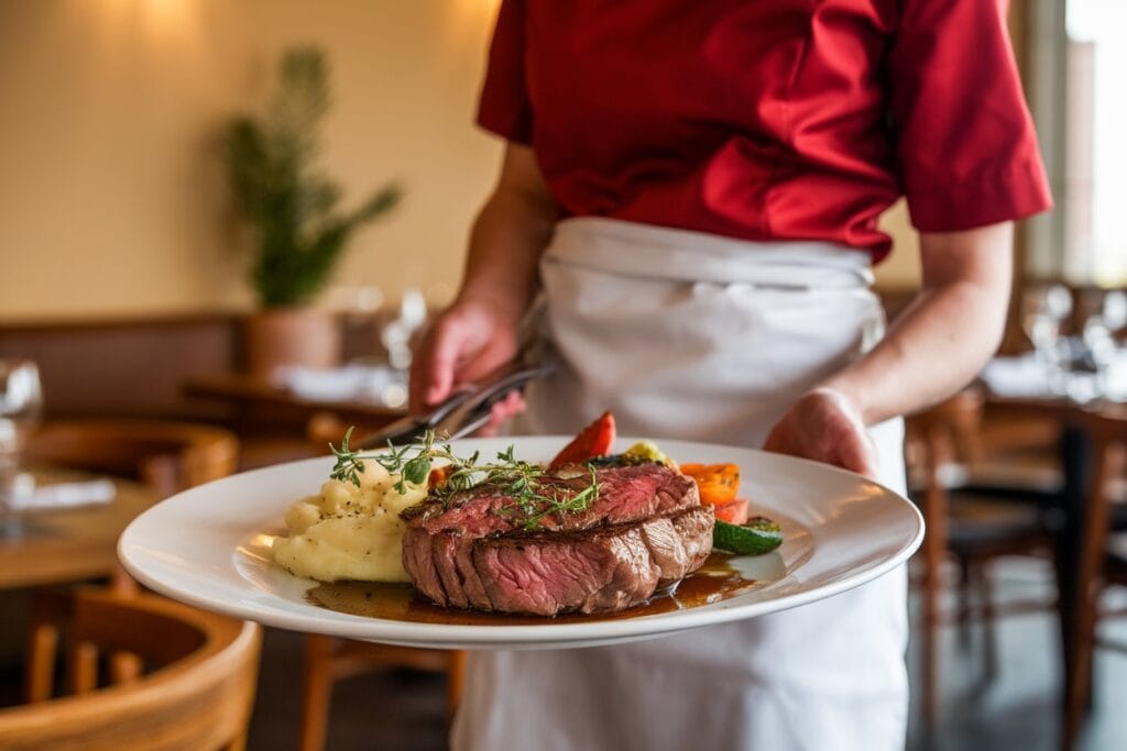 A woman serving a dish of perfectly cooked Chuck Eye Steak, garnished with fresh herbs, alongside mashed potatoes and roasted vegetables. She is wearing a red uniform and white apron. The warm, inviting dining room features a wooden table, chairs, and a potted plant, with bright lighting.