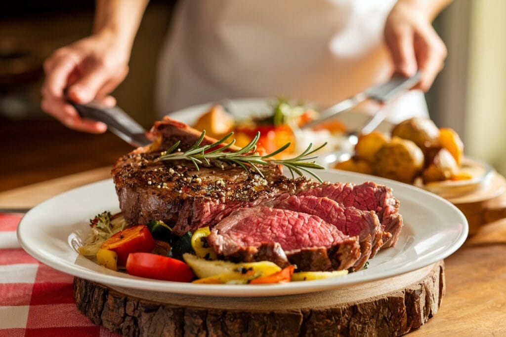 A woman serving a perfectly cooked Picanha steak, garnished with fresh herbs. The steak is presented with simple, classic sides that complement the main dish. The scene is bright, warm, and inviting, with soft lighting that enhances the delicious meal.