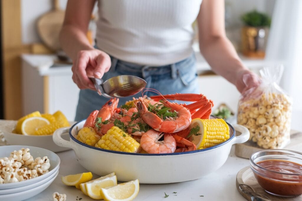 A woman serving a dish of seafood boil from a large pot placed on a wooden surface. The seafood is cooked to perfection and garnished with fresh herbs, lemons, corn on the cob, and red potatoes. Small bowls with sauces are placed nearby. The cozy kitchen background features rustic charm, with warm, inviting lighting.