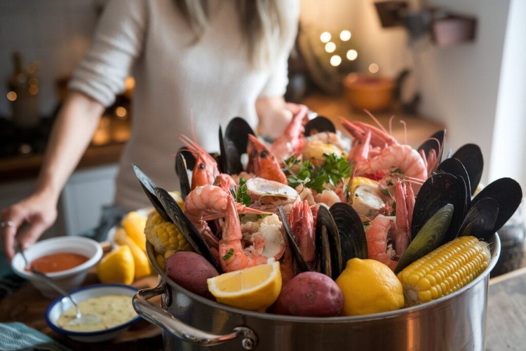 A woman serving a dish of seafood boil from a large pot placed on a wooden surface. The seafood is cooked to perfection and garnished with fresh herbs, lemons, corn on the cob, and red potatoes. Small bowls with sauces are placed nearby. The cozy kitchen background features rustic charm, with warm, inviting lighting.