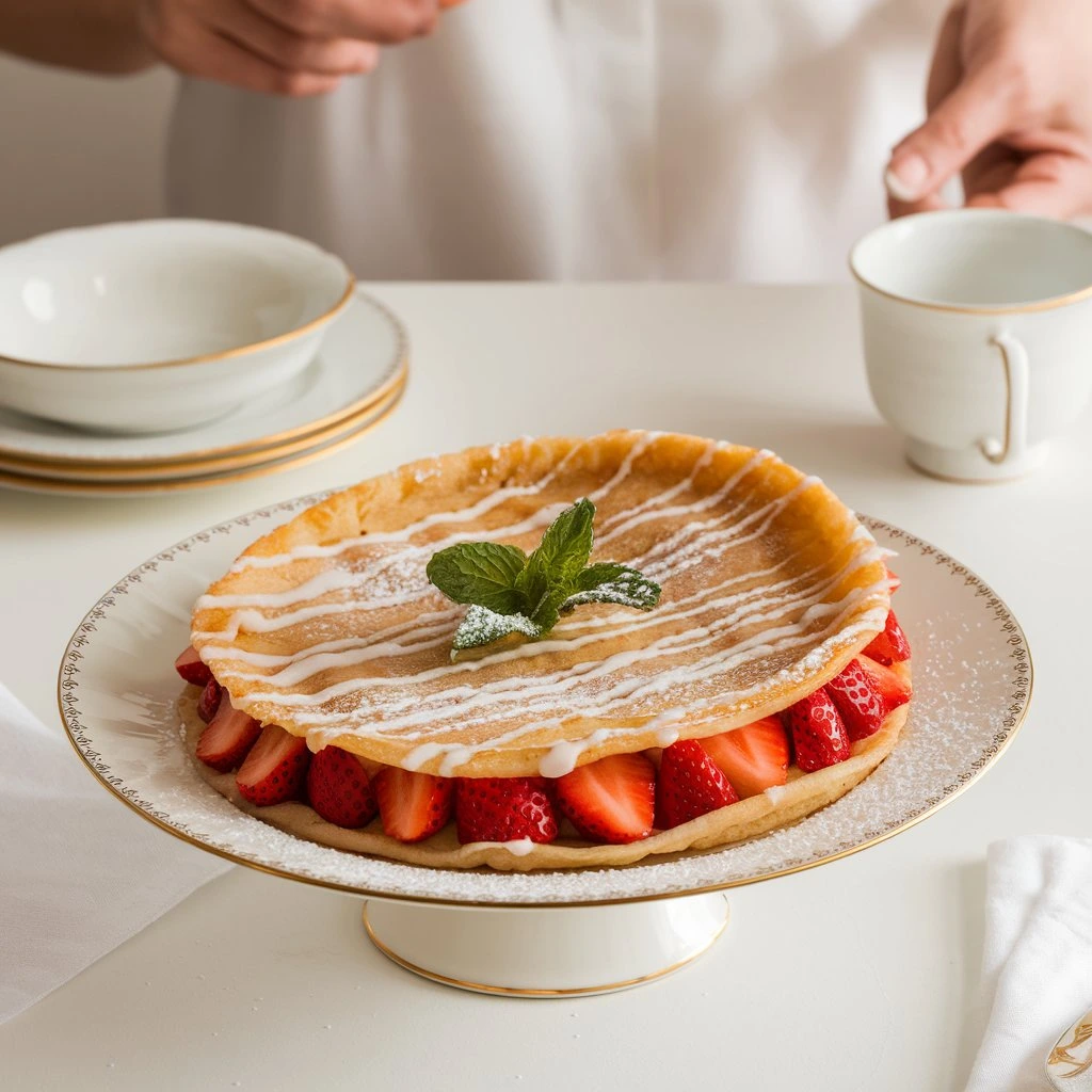 A warm and inviting photo of a woman serving strawberry crepe cookies, perfectly cooked and garnished with fresh herbs and powdered sugar. The background features sides like fresh strawberries and a bowl of whipped cream, set in a cozy kitchen with a wooden table and soft, warm lighting.