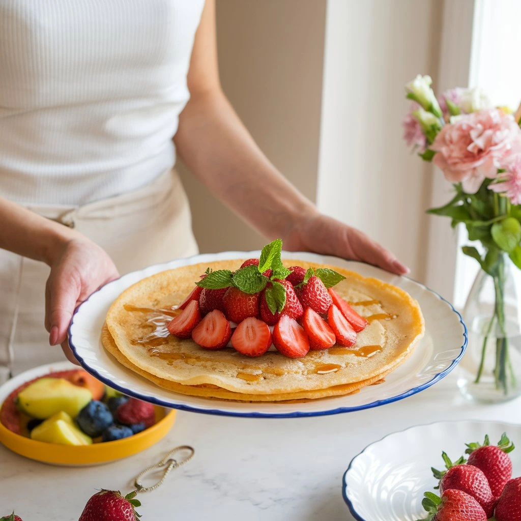 A warm and inviting photo of a woman serving strawberry crepe cookies, perfectly cooked and garnished with fresh herbs and powdered sugar. The background features sides like fresh strawberries and a bowl of whipped cream, set in a cozy kitchen with a wooden table and soft, warm lighting.