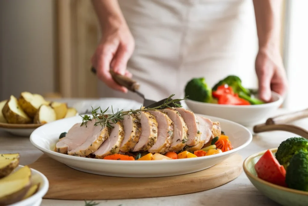 A woman serving a plate of thin sliced chicken breast, cooked to perfection and garnished with fresh herbs. The dish is accompanied by classic sides such as roasted vegetables and mashed potatoes. The setting is bright and warm, creating an inviting atmosphere that highlights the delicious meal.