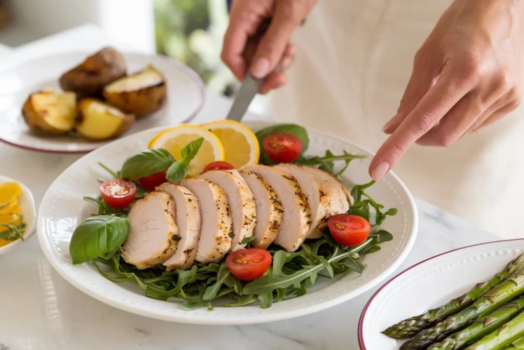 A woman serving a plate of thin sliced chicken breast, cooked to perfection and garnished with fresh herbs. The dish is accompanied by classic sides such as roasted vegetables and mashed potatoes. The setting is bright and warm, creating an inviting atmosphere that highlights the delicious meal.