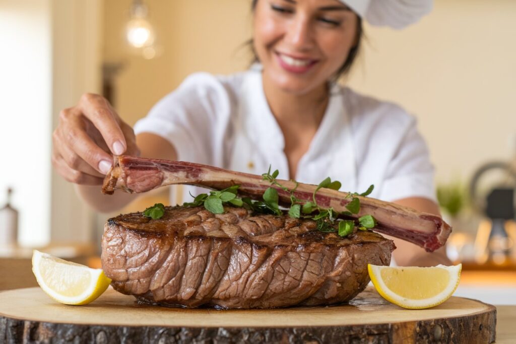 A woman serving a perfectly cooked Picanha steak, garnished with fresh herbs. The steak is presented with simple, classic sides that complement the main dish. The scene is bright, warm, and inviting, with soft lighting that enhances the delicious meal.