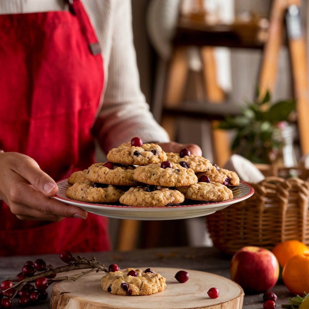 A bright, warm, and inviting image of a woman serving a dish of cranberry oatmeal cookies. The cookies are cooked toperfection and are garnished with fresh herbs. The woman is wearing an apron and has a warm smile. The background contains simple and classic sides, such as a bowl of fresh fruit and a jar of honey. The overall scene is set in a cozy kitchen with wooden elements and a few potted plants.