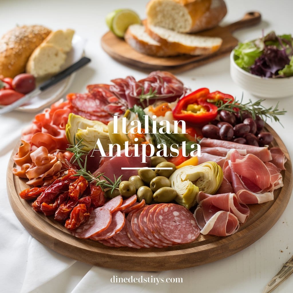 A wooden serving board with an Italian antipasto spread featuring cured meats like salami, prosciutto, and pepperoni, along with olives, marinated artichokes, roasted red peppers, and sun-dried tomatoes. The platter is garnished with rosemary and thyme. A loaf of bread and a bowl of mixed greens are visible in the background. The scene is warm and inviting, with the title "Italian Antipasto" in bold text at the center and "dinedecisions.com" in a subtle footer at the bottom.