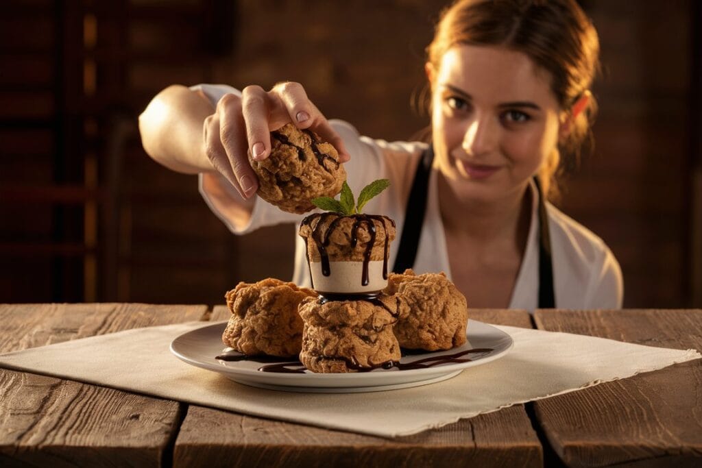 "A stunning photo of a woman serving an oatmeal cookie shot, topped with a sprig of mint and drizzled with chocolate syrup. Set on a rustic wooden table with a white tablecloth, the warm golden lighting creates an inviting, mouthwatering ambiance."