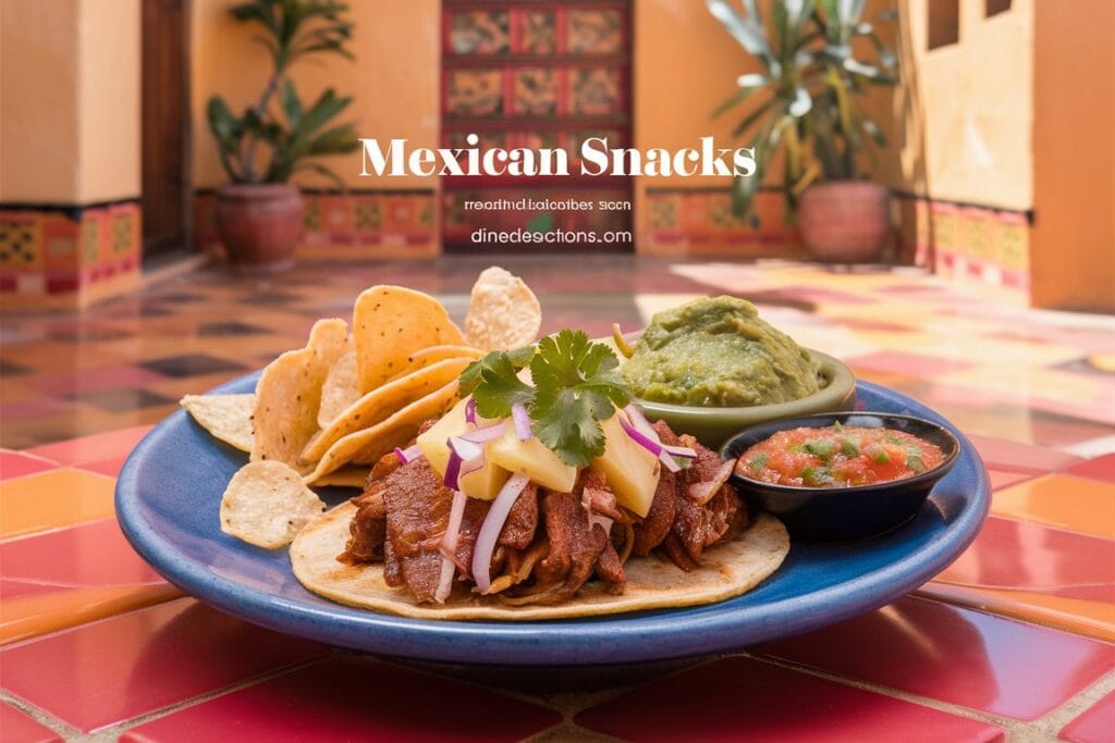 Vibrant plate of Tacos Al Pastor with pineapple, cilantro, and onion, served with tortilla chips, guacamole, and salsa. The scene features a sunny Mexican courtyard with colorful tiles and plants, showcasing the warmth of Mexican cuisine. The title 'Mexican Snacks' is prominently displayed, with 'dinedecisions.com' in the footer."