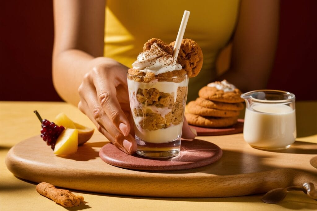 "A stunning photo of a woman serving an oatmeal cookie shot, topped with a sprig of mint and drizzled with chocolate syrup. Set on a rustic wooden table with a white tablecloth, the warm golden lighting creates an inviting, mouthwatering ambiance."