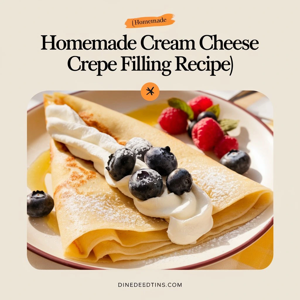 A photo of a homemade cream cheese crepe filled with cream cheese, sugar, and vanilla, garnished with powdered sugar and fresh berries. Served on a white plate with a drizzle of lemon juice, the scene is bright and warm. The title "[Homemade Cream Cheese Crepe Filling Recipe]" appears in bold at the center, with "dinedecisions.com" in the footer.