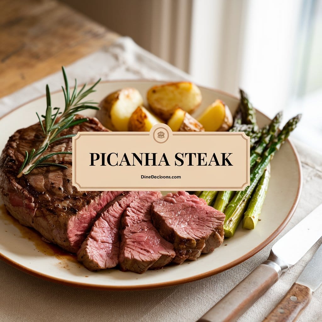 Alt text: "A warm and inviting image of a Picanha Steak dish. The steak is perfectly cooked with a pink center, sliced, and garnished with fresh rosemary sprigs. It is served on a plate alongside roasted potatoes and grilled asparagus. The background features a rustic wooden table with a beige tablecloth, and the overall scene is bright. The title 'Picanha Steak' is displayed in bold text at the center, with 'dinedecisions.com' in the footer."