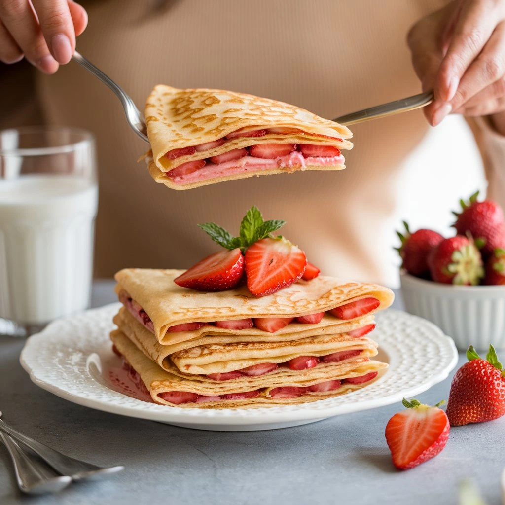 A warm and inviting photo of a woman serving strawberry crepe cookies, perfectly cooked and garnished with fresh herbs and powdered sugar. The background features sides like fresh strawberries and a bowl of whipped cream, set in a cozy kitchen with a wooden table and soft, warm lighting.