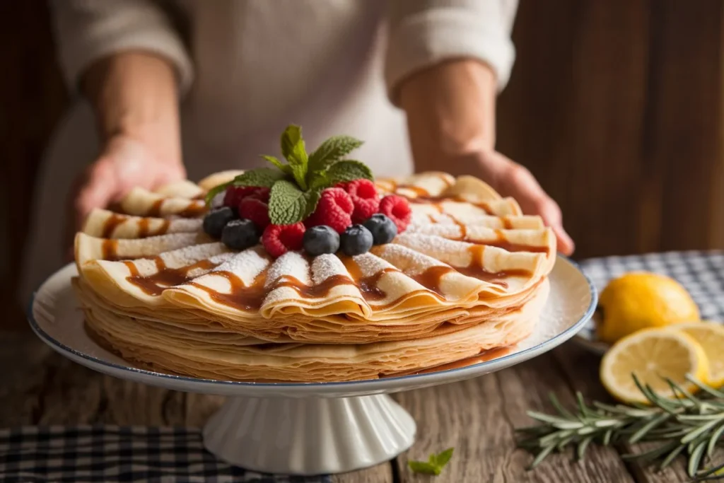 A woman in a white apron and black shirt serves a mille crepe cake, layered with thin pancakes and custard filling. The cake is garnished with fresh blueberries and powdered sugar. The warm kitchen background features a wooden table and beige cabinets.
