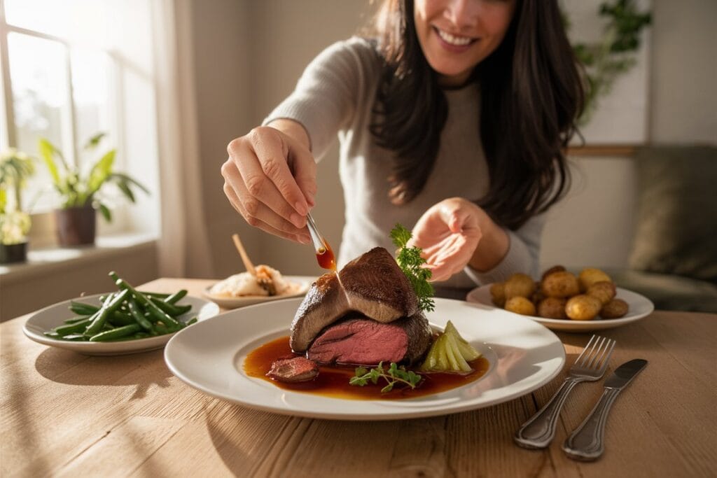 A talented female chef, wearing a stylish apron, elegantly presenting a beautifully cooked Beef Liver dish on a pristine white plate. The liver is perfectly cooked with a touch of pink in the center, garnished with fresh thyme and a lemon wedge. The dish is accompanied by creamy garlic mashed potatoes and a bundle of steamed asparagus. The bright, sunny kitchen features wooden flooring, white cabinets, and a large window letting in natural sunlight, creating a warm, inviting atmosphere.