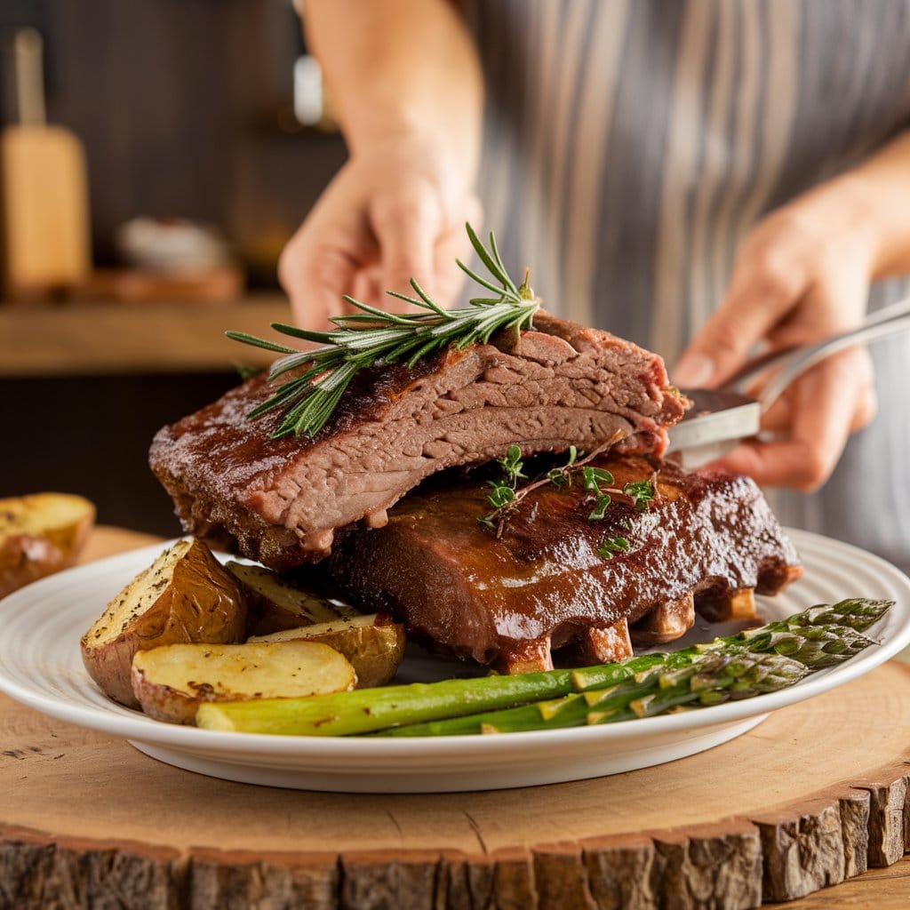 "A warm and inviting image of a woman serving a perfectly cooked dish of beef back ribs, tender and juicy, garnished with fresh rosemary and thyme. The dish is accompanied by roasted potatoes and grilled asparagus. The rustic kitchen background features a wooden table and cooking utensils, with bright, warm lighting creating a cozy atmosphere."