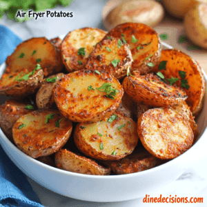 Golden-brown air fryer potatoes arranged on a serving dish, perfectly cooked and garnished with fresh parsley and rosemary sprigs