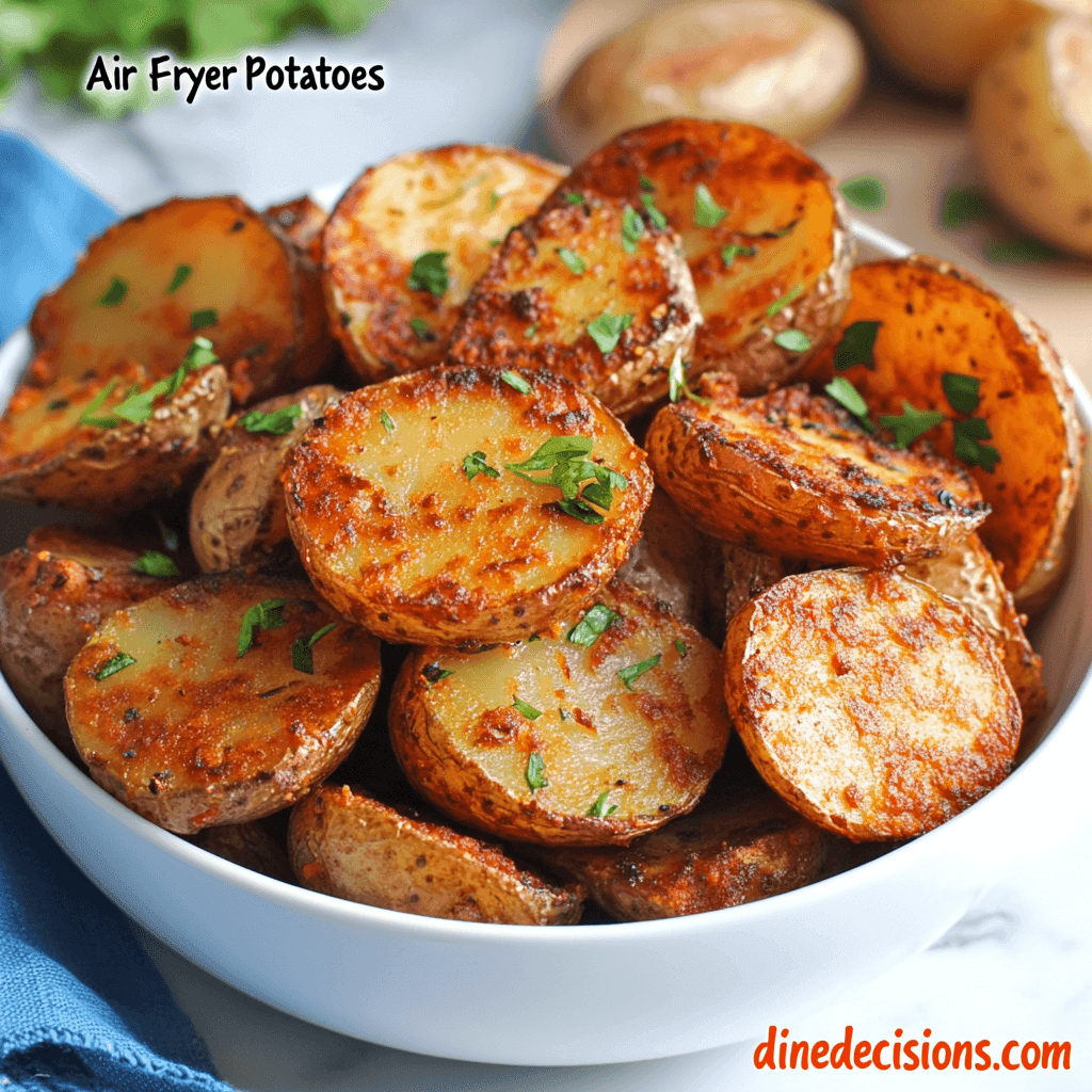 Golden-brown air fryer potatoes arranged on a serving dish, perfectly cooked and garnished with fresh parsley and rosemary sprigs